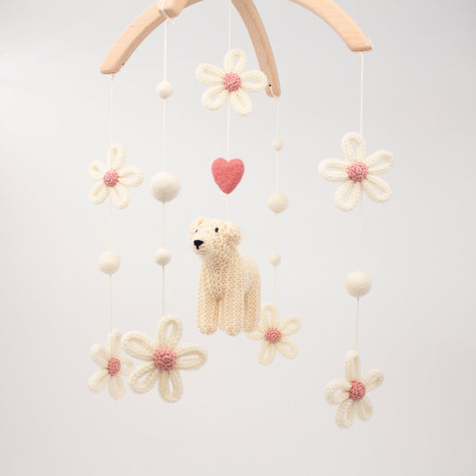 Baby mobile Floral Puppy - Girl nursery decor - English cream golden retriever cot mobile - Dog crib mobile