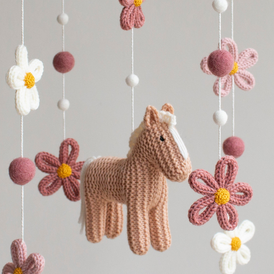 Floral horse baby mobile - Boho farm nursery decor - Cowgirl crib mobile - Pony & Wildflowers cot mobile