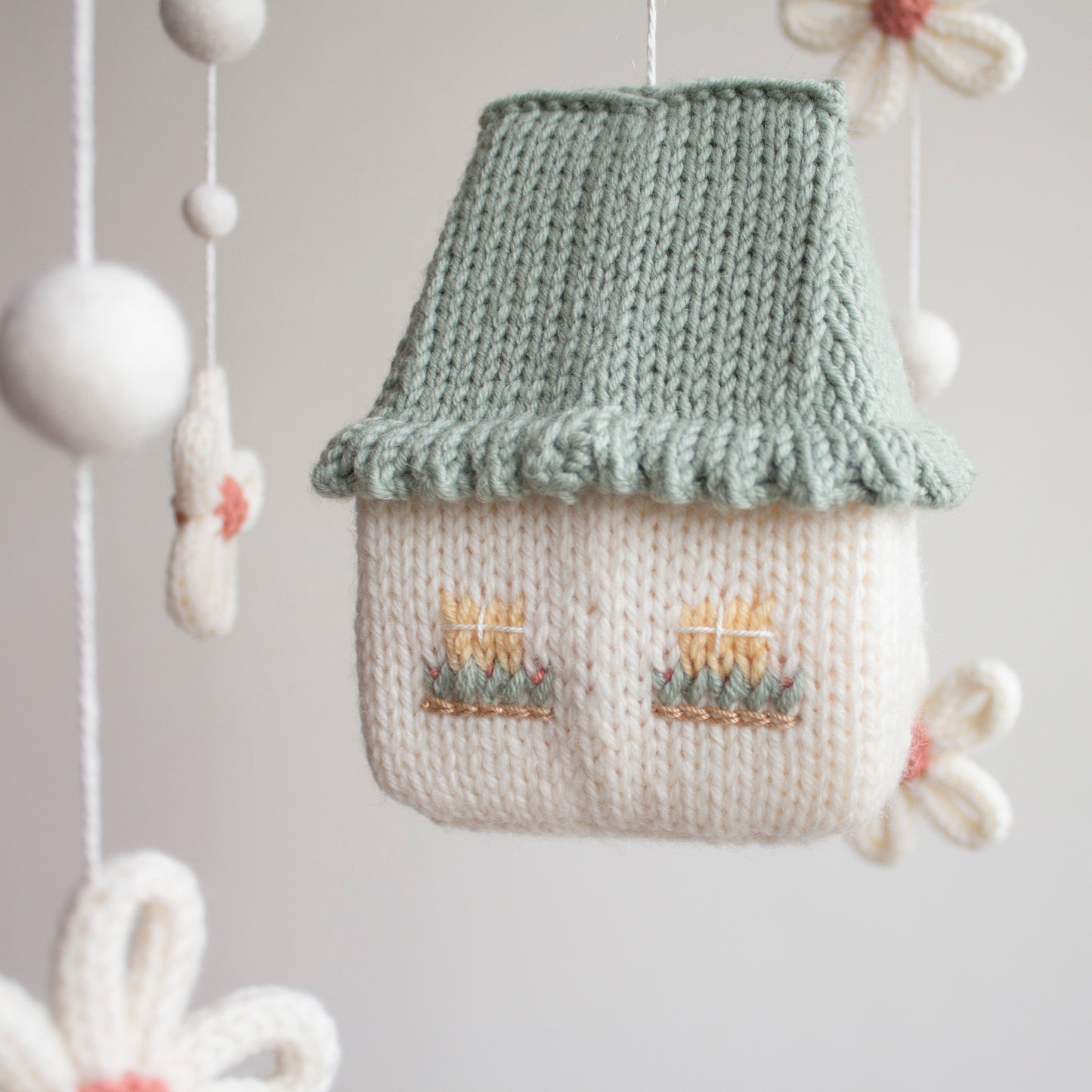 Baby mobile Daisy Cottage - Sage Green & Pink Nursery Decor - Floral Fairytale cot mobile - Cottagecore knitted crib mobile