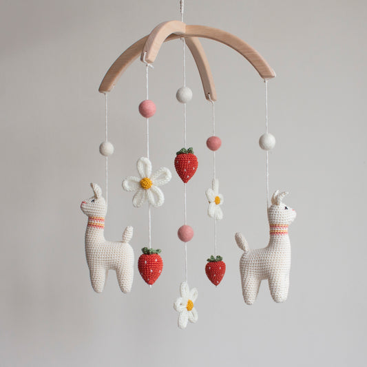 Crocheted llama and strawberry mobile with flowers. Christening present for baby girl, Free UK delivery