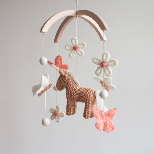 Baby Mobile Horse & Butterflies – Floral farm nursery decor – Boho cowgirl crib mobile – Pony cot mobile for girl