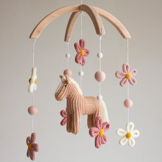 Floral Horse Baby Mobile with blush accents – Knitted Pony & Wildflowers Nursery Decor