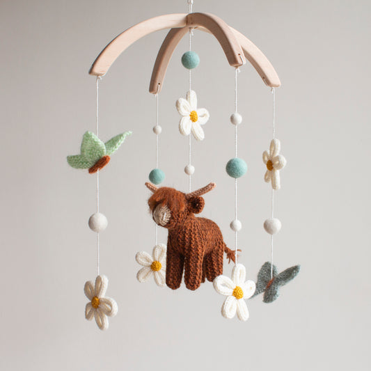 Highland Cow, Butterflies & Daisies Baby Mobile