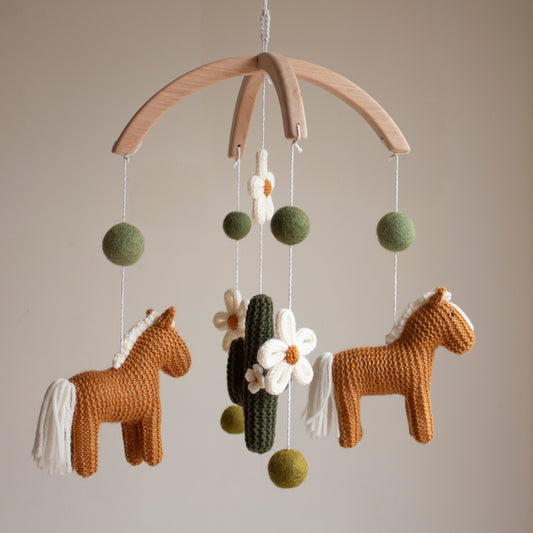 Cowgirl Baby Mobile, Western Nursery Decor with Knitted Horses, Cactus and Daisies