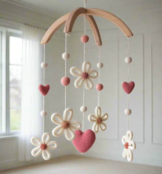Daisies nursery mobile with dusty rose pink