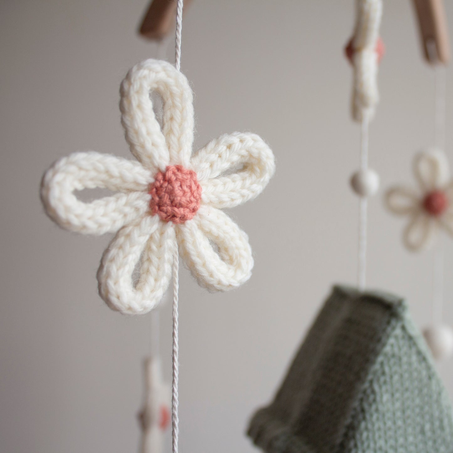 Baby mobile Daisy Cottage - Sage Green & Pink Nursery Decor - Floral Fairytale cot mobile - Cottagecore knitted crib mobile