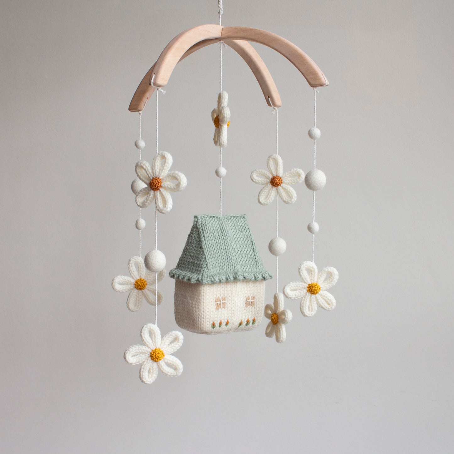 Baby mobile Daisy Cottage - Sage Green Nursery Decor - Floral Fairytale cot mobile - Cottagecore knitted crib mobile