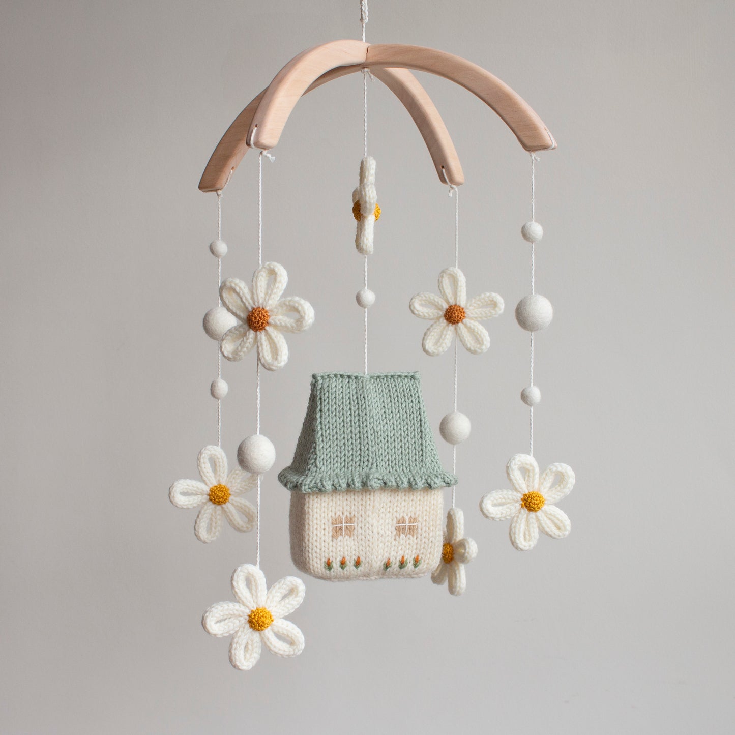 Baby mobile Daisy Cottage - Sage Green Nursery Decor - Floral Fairytale cot mobile - Cottagecore knitted crib mobile