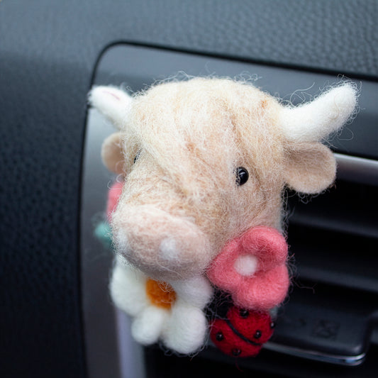 Highland Cow Car Vent Clip with Flowers & Ladybird