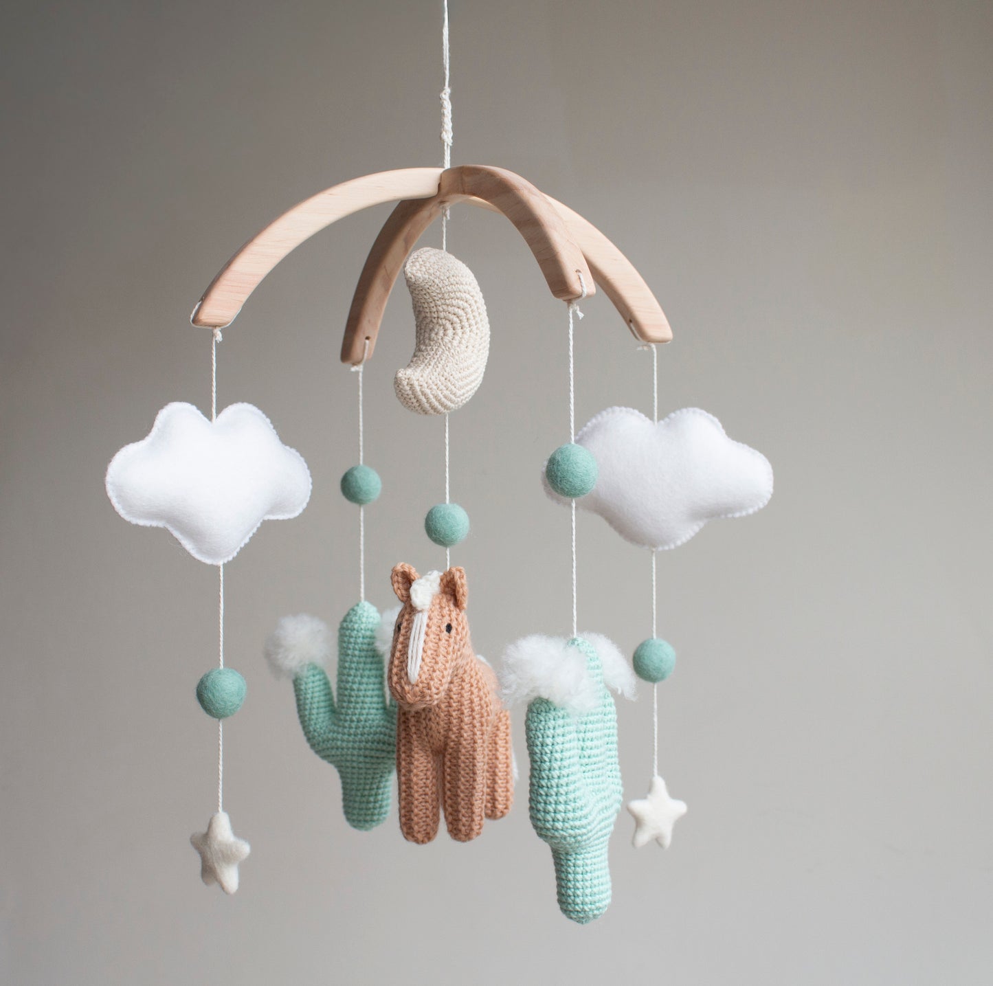 Western baby mobile with tan horse & mint cactus: cowboy nursery decor