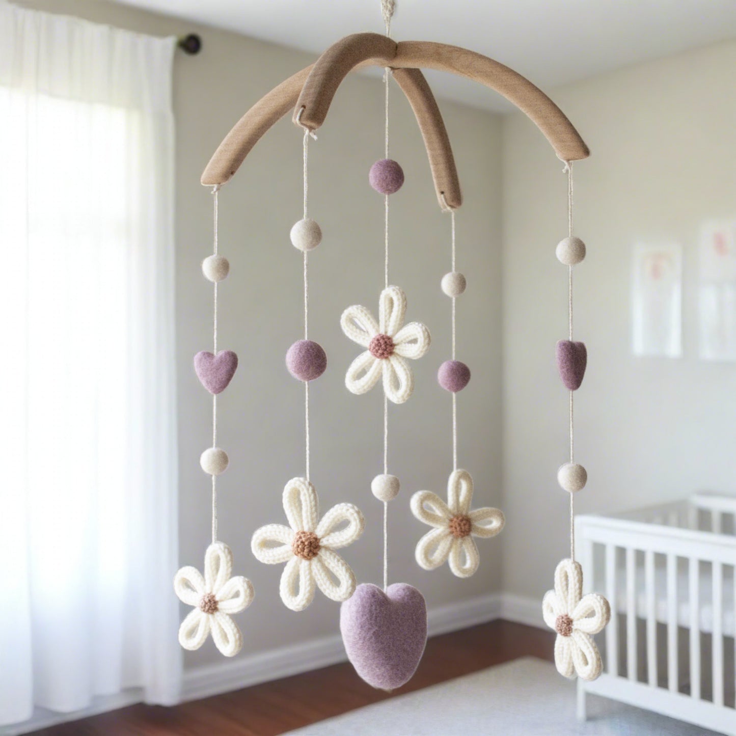 Baby mobile Daisies with purple - Floral boho nursery decor - Wildflowers cot mobile - Botanical crib mobile