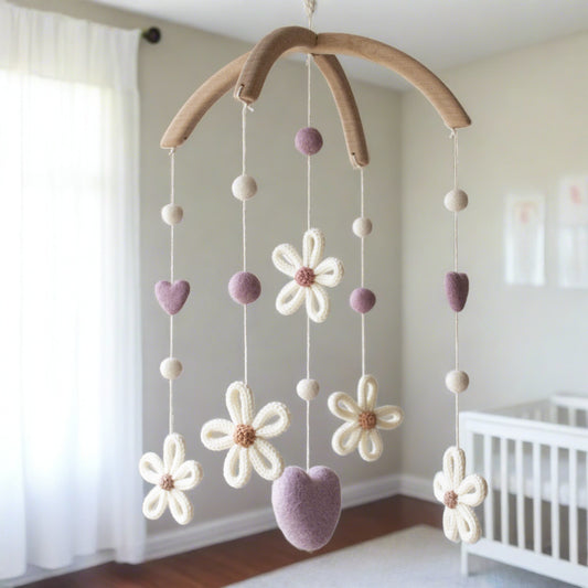Baby mobile Daisies with purple - Floral boho nursery decor - Wildflowers cot mobile - Botanical crib mobile