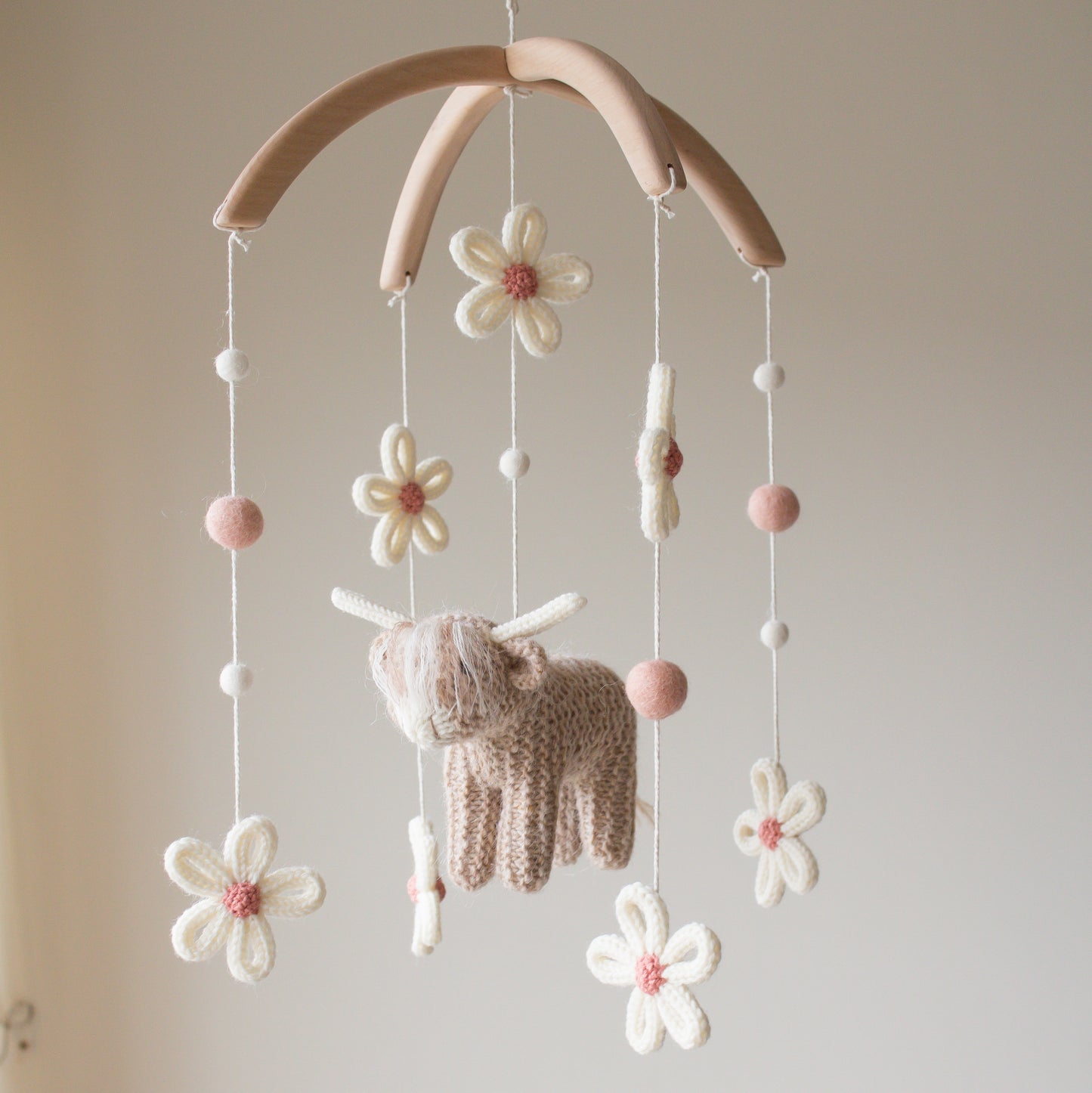 Cow & Daisies nursery mobile in beige and blush