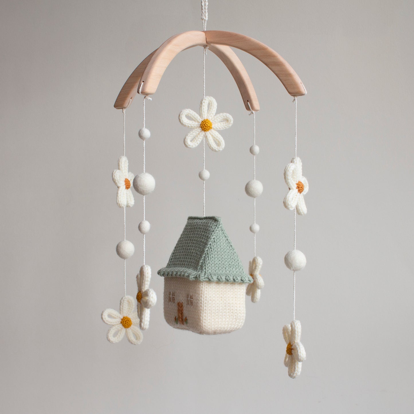 Baby mobile Daisy Cottage - Sage Green Nursery Decor - Floral Fairytale cot mobile - Cottagecore knitted crib mobile