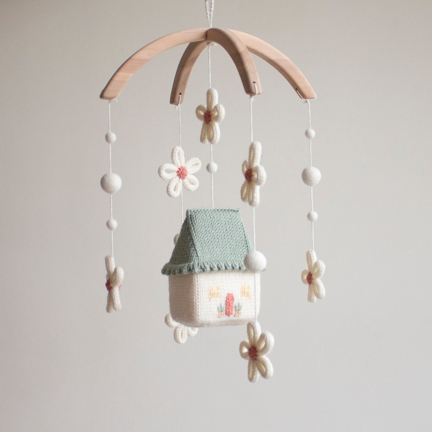 Baby mobile Daisy Cottage - Sage Green & Pink Nursery Decor - Floral Fairytale cot mobile - Cottagecore knitted crib mobile