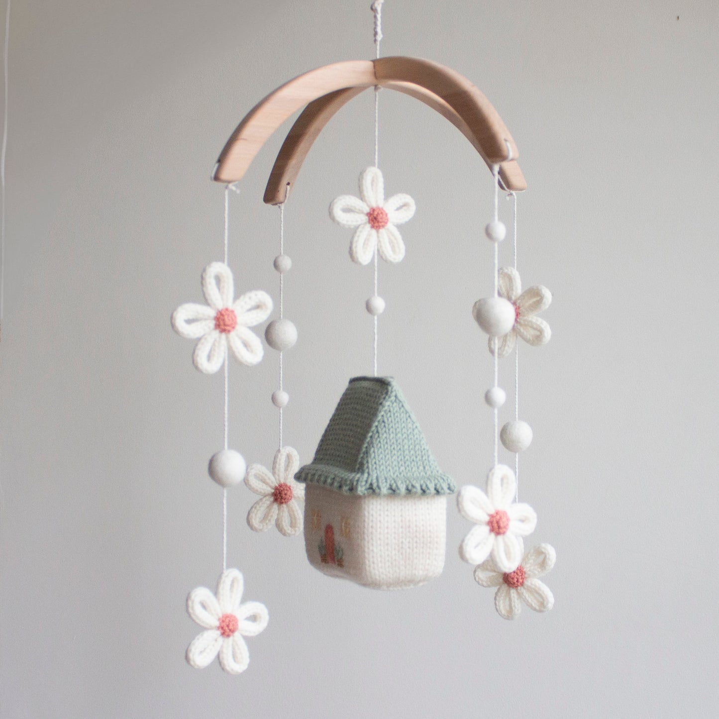 Baby mobile Daisy Cottage - Sage Green & Pink Nursery Decor - Floral Fairytale cot mobile - Cottagecore knitted crib mobile