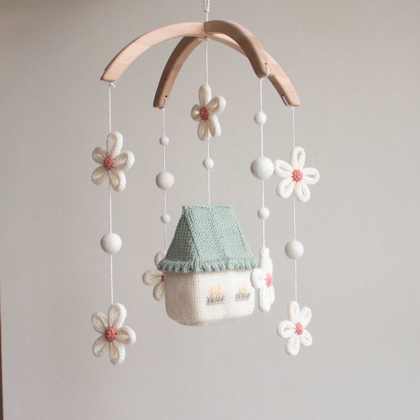 Baby mobile Daisy Cottage - Sage Green & Pink Nursery Decor - Floral Fairytale cot mobile - Cottagecore knitted crib mobile