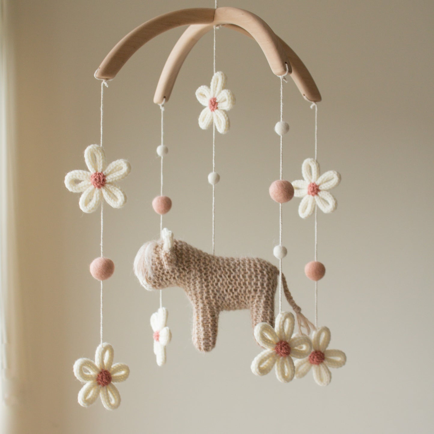 Cow & Daisies nursery mobile in beige and blush