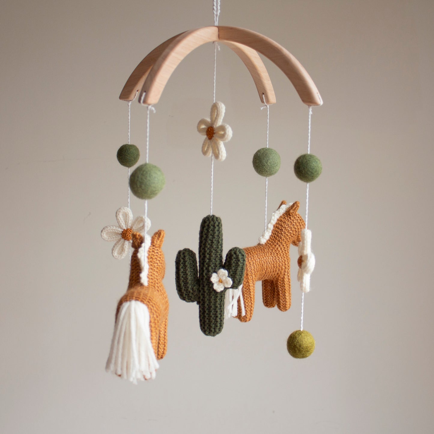 Cowgirl Baby Mobile, Western Nursery Decor with Knitted Horses, Cactus and Daisies