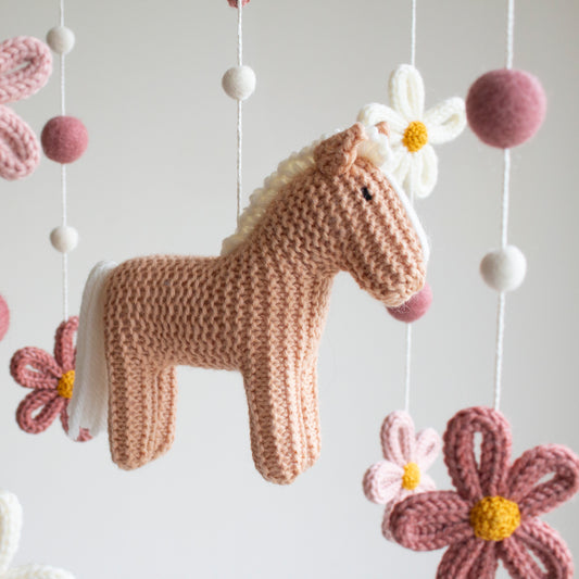 Floral Horse Baby Mobile – Knitted Pony & Wildflowers Nursery Decor