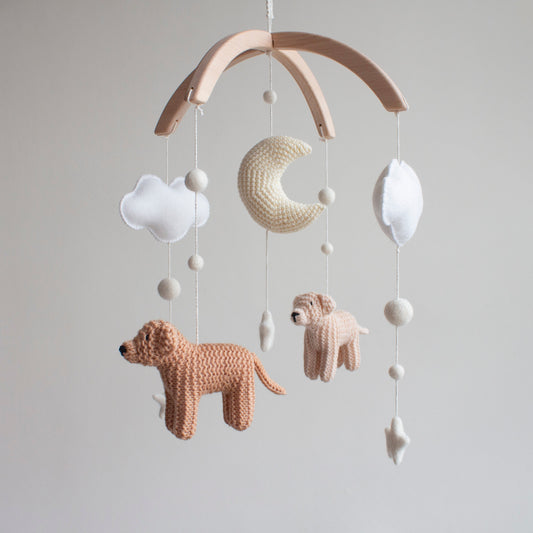 Handmade dogs baby mobile, Northern Ireland, non-toxic wool nursery decor, UK,  Untreated alder wood mobile frame safe for nursery, wool for baby items