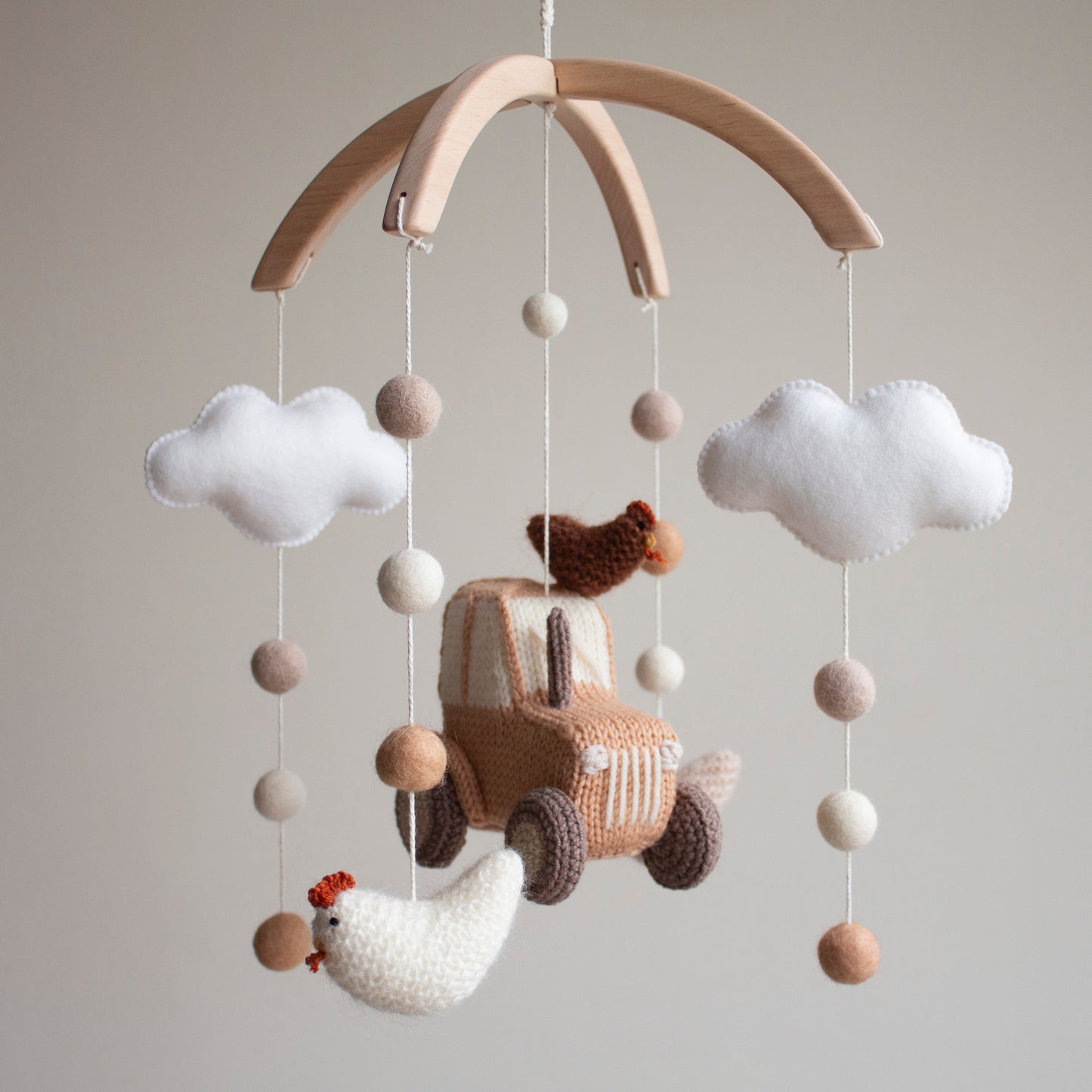 Knitted Brown Tractor & Chickens Baby Mobile: Neutral Farm, Barnyard Nursery Decor