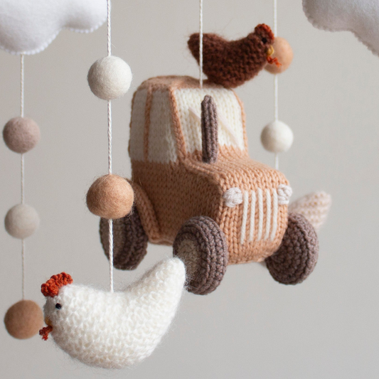 Knitted Brown Tractor & Chickens Baby Mobile: Neutral Farm, Barnyard Nursery Decor