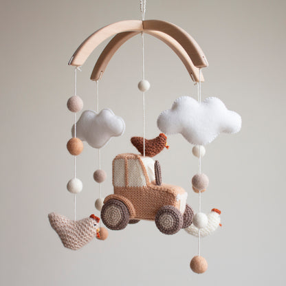 Knitted Brown Tractor & Chickens Baby Mobile: Neutral Farm, Barnyard Nursery Decor