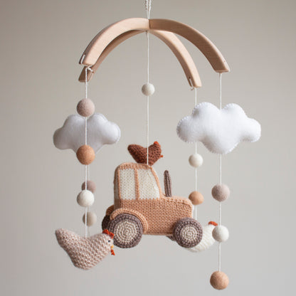 Knitted Brown Tractor & Chickens Baby Mobile: Neutral Farm, Barnyard Nursery Decor