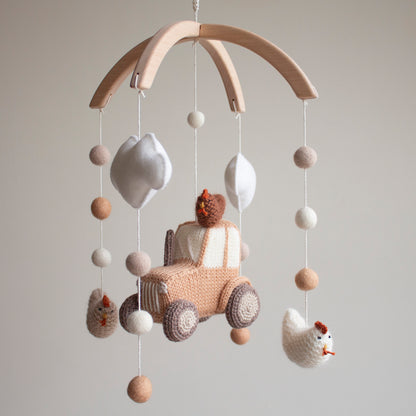 Knitted Brown Tractor & Chickens Baby Mobile: Neutral Farm, Barnyard Nursery Decor
