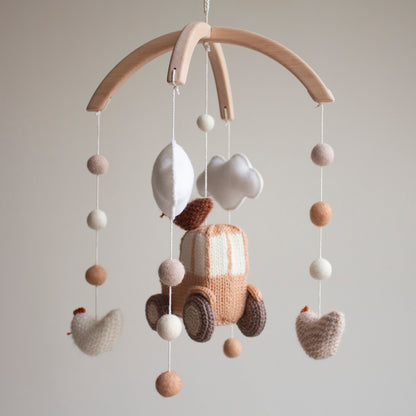 Knitted Brown Tractor & Chickens Baby Mobile: Neutral Farm, Barnyard Nursery Decor