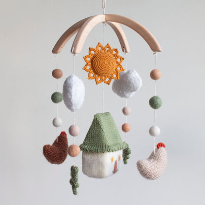 High-contrast cinnamon and white elements designed to support infant visual tracking.
