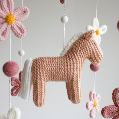 Floral Horse Baby Mobile – Knitted Pony & Wildflowers Nursery Decor