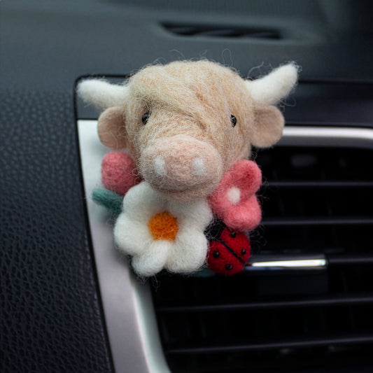 Highland Cow Car Vent Clip with Flowers & Ladybird
