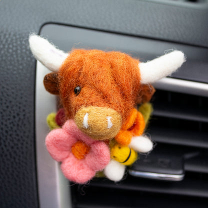 Highland Cow Car Vent Clip with wildflowers & bee in honey rust colors
