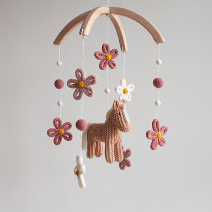 Floral horse baby mobile - Boho farm nursery decor - Cowgirl crib mobile - Pony & Wildflowers cot mobile