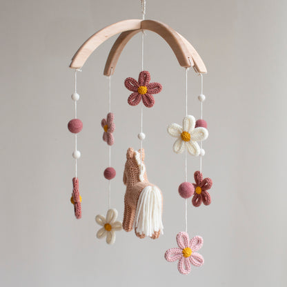Floral horse baby mobile - Boho farm nursery decor - Cowgirl crib mobile - Pony & Wildflowers cot mobile