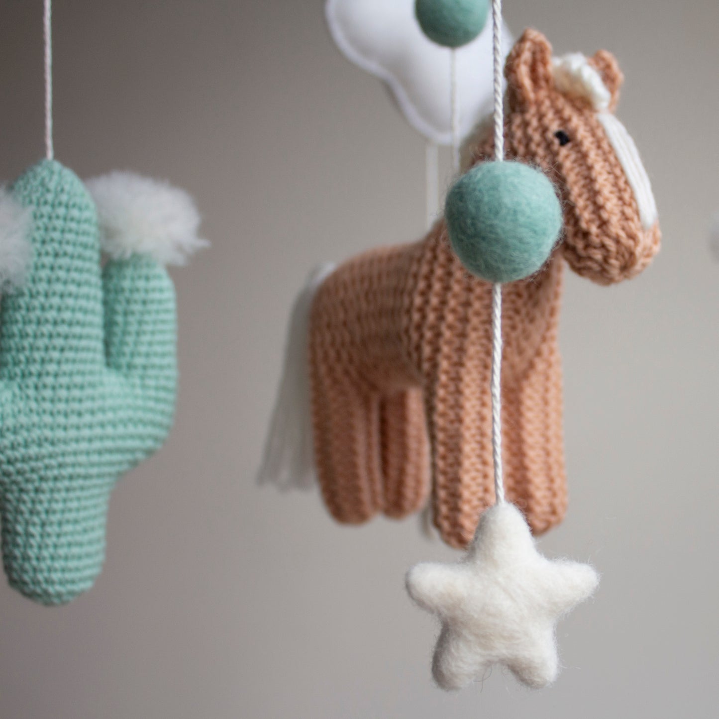 Western baby mobile with tan horse & mint cactus: cowboy nursery decor