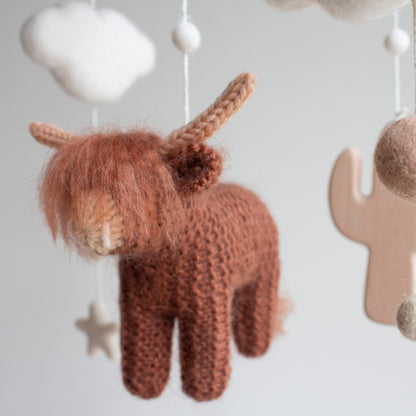 Baby mobile Longhorn cow & wooden cactus: Boho western nursery decor