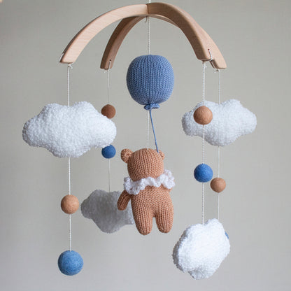 Teddy bear baby mobile with boucle clouds & blue balloon