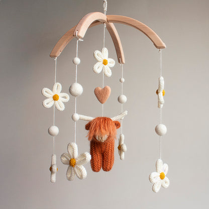 Rust Highland Cow with Daisies Baby Mobile | Floral Boho Farm Nursery Decor