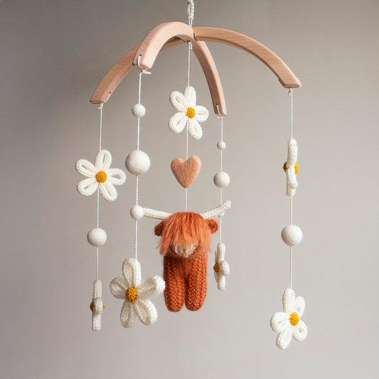Rust Highland Cow with Daisies Baby Mobile | Floral Boho Farm Nursery Decor