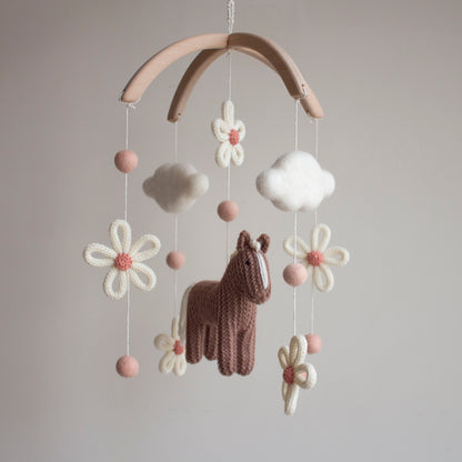 Floral horse baby mobile - Boho farm nursery decor - Cowgirl crib mobile - Pony & Daisies cot mobile