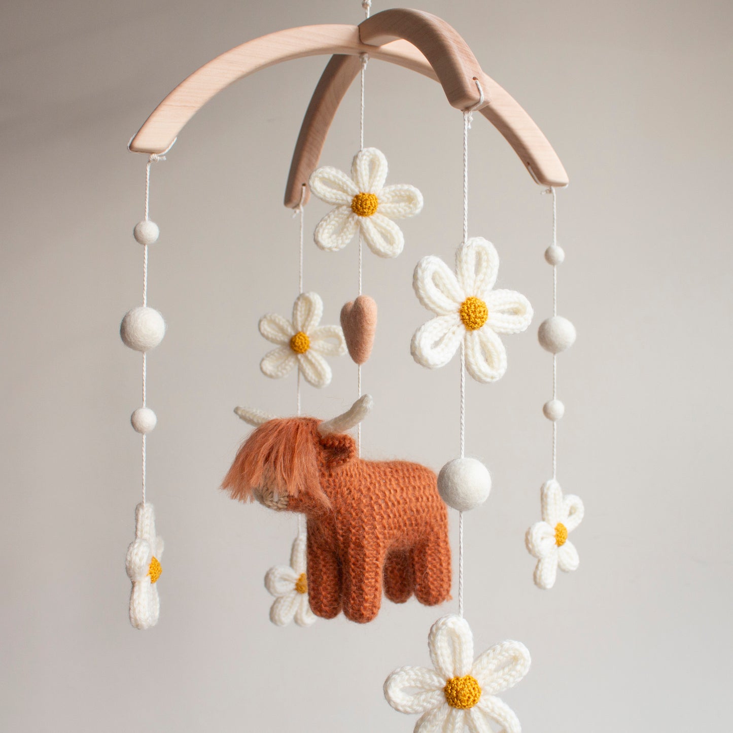 Rust Highland Cow with Daisies Baby Mobile | Floral Boho Farm Nursery Decor
