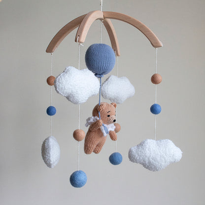 Teddy bear baby mobile with boucle clouds & blue balloon