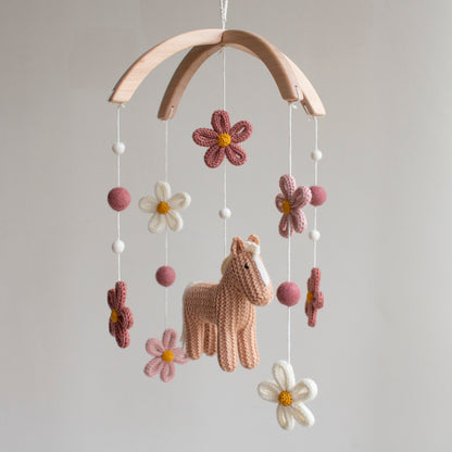 Floral horse baby mobile - Boho farm nursery decor - Cowgirl crib mobile - Pony & Wildflowers cot mobile
