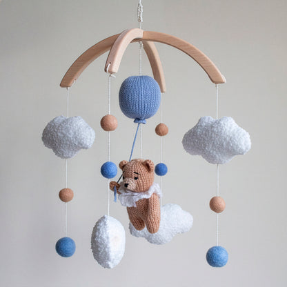 Teddy bear baby mobile with boucle clouds & blue balloon
