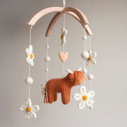 Rust Highland Cow with Daisies Baby Mobile | Floral Boho Farm Nursery Decor