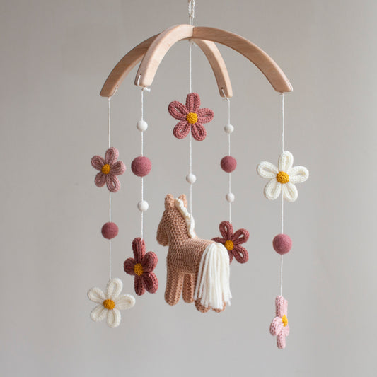 Floral horse baby mobile - Boho farm nursery decor - Cowgirl crib mobile - Pony & Wildflowers cot mobile