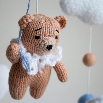 Teddy bear baby mobile with boucle clouds & blue balloon